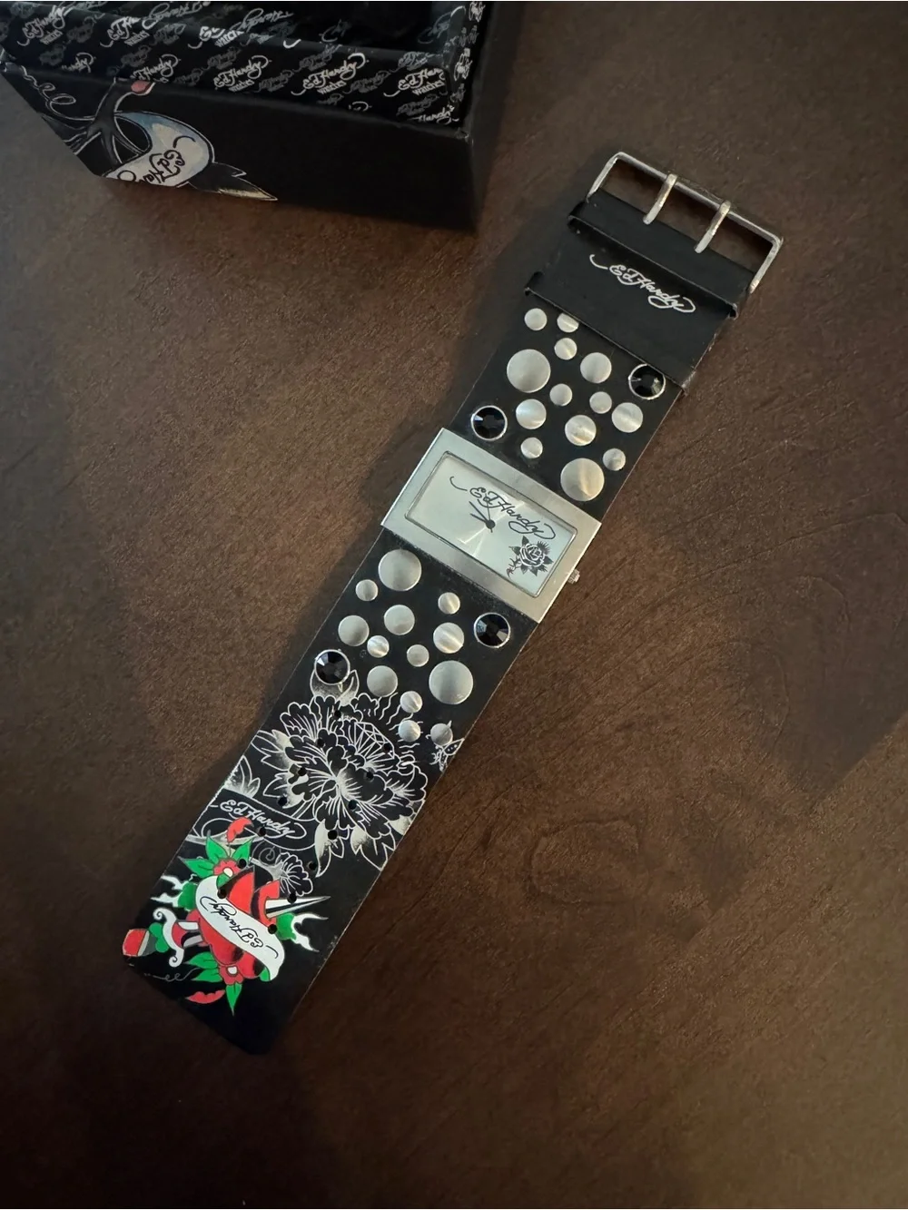 Women’s Ed Hardy Silver and Black Wide Leather Cuff Watch